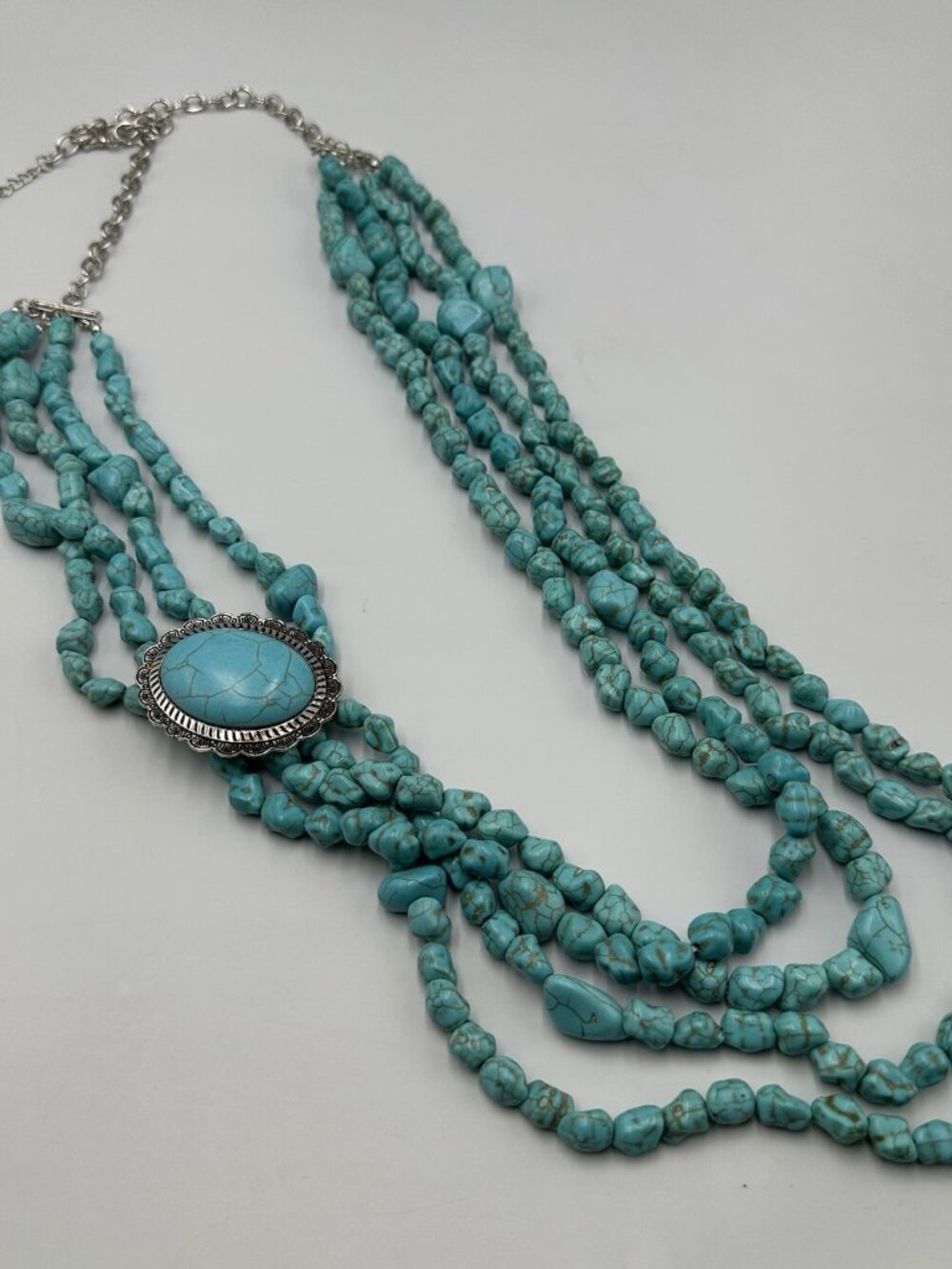 Faux Turquoise Necklace Blue Beaded Silver Tone Pendant Southwestern Chunky 40"